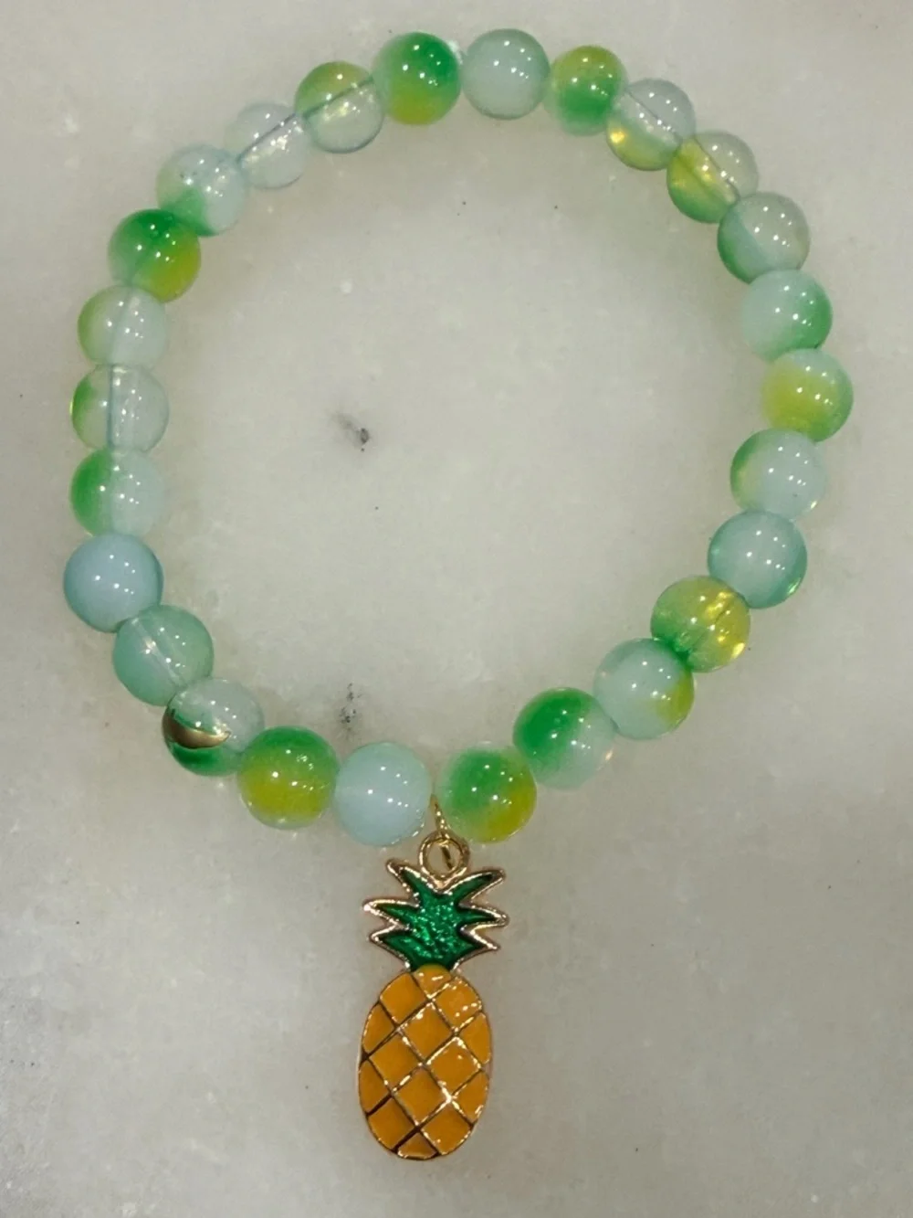 Green & Yellow Beaded Stretch Bracelet with Pineapple Charm